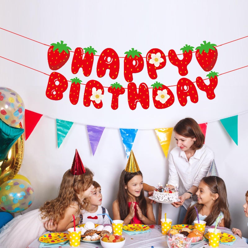 MEETINGU Strawberry Happy Birthday Banner  Strawberry Themed Birthday Party Decoration  Berry Sweet Girl Party Decoration - Image 3